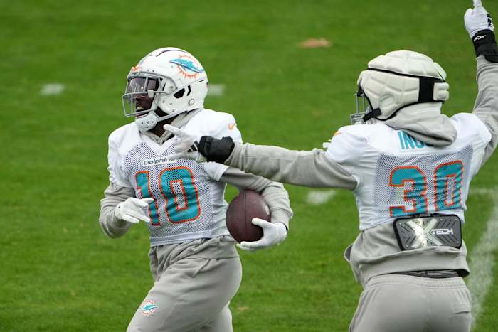 Nov 2, 2023; Frankfurt, Germany; Miami Dolphins wide receiver Tyreek Hill (10) and fullback Alec Ingold (30) during practice at the PSD Bank Arena. Mandatory Credit: Kirby Lee-USA TODAY Sports